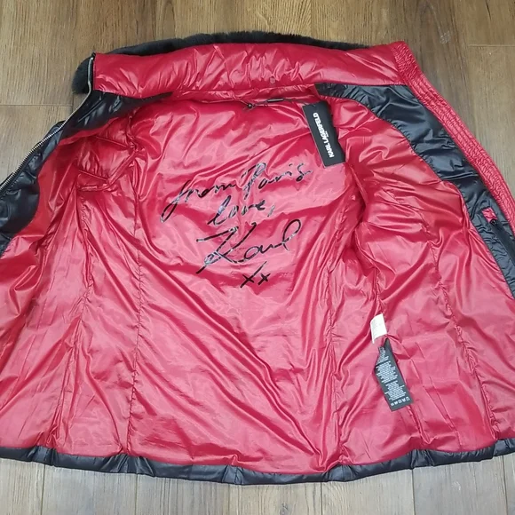 NEW! Karl Lagerfeld Faux Fur Collar Short Black Puffer Jacket Size Small - Picture 5 of 10